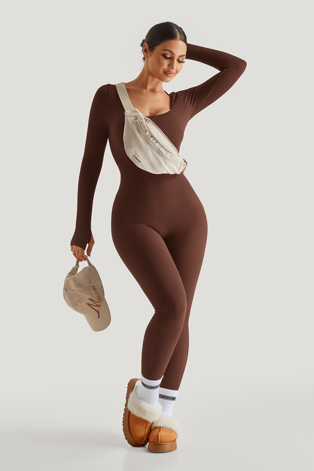 Solid Color Ribbed Long Sleeve Seamless Jumpsuit