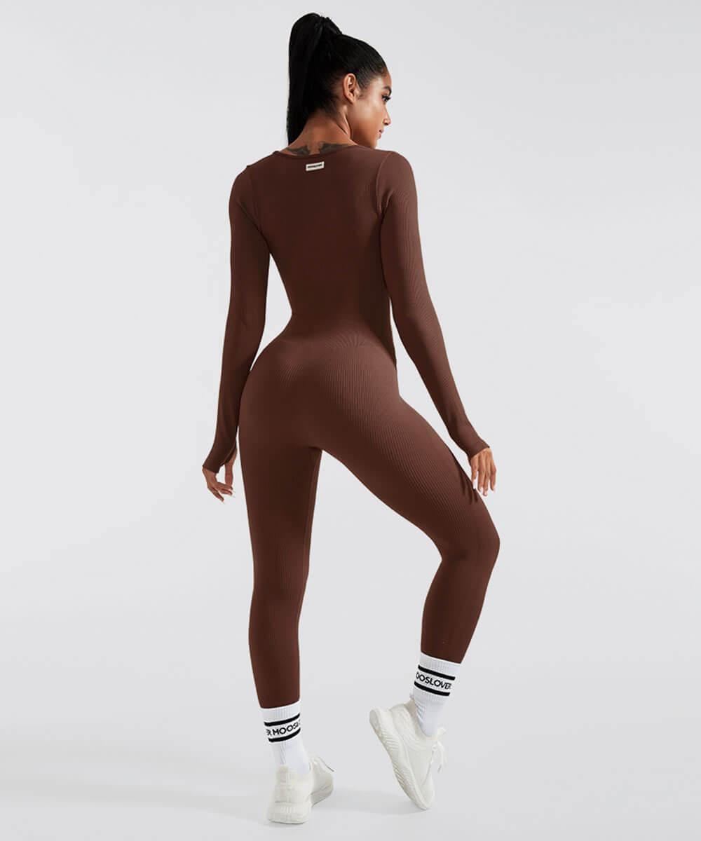 Solid Color Ribbed Long Sleeve Seamless Jumpsuit