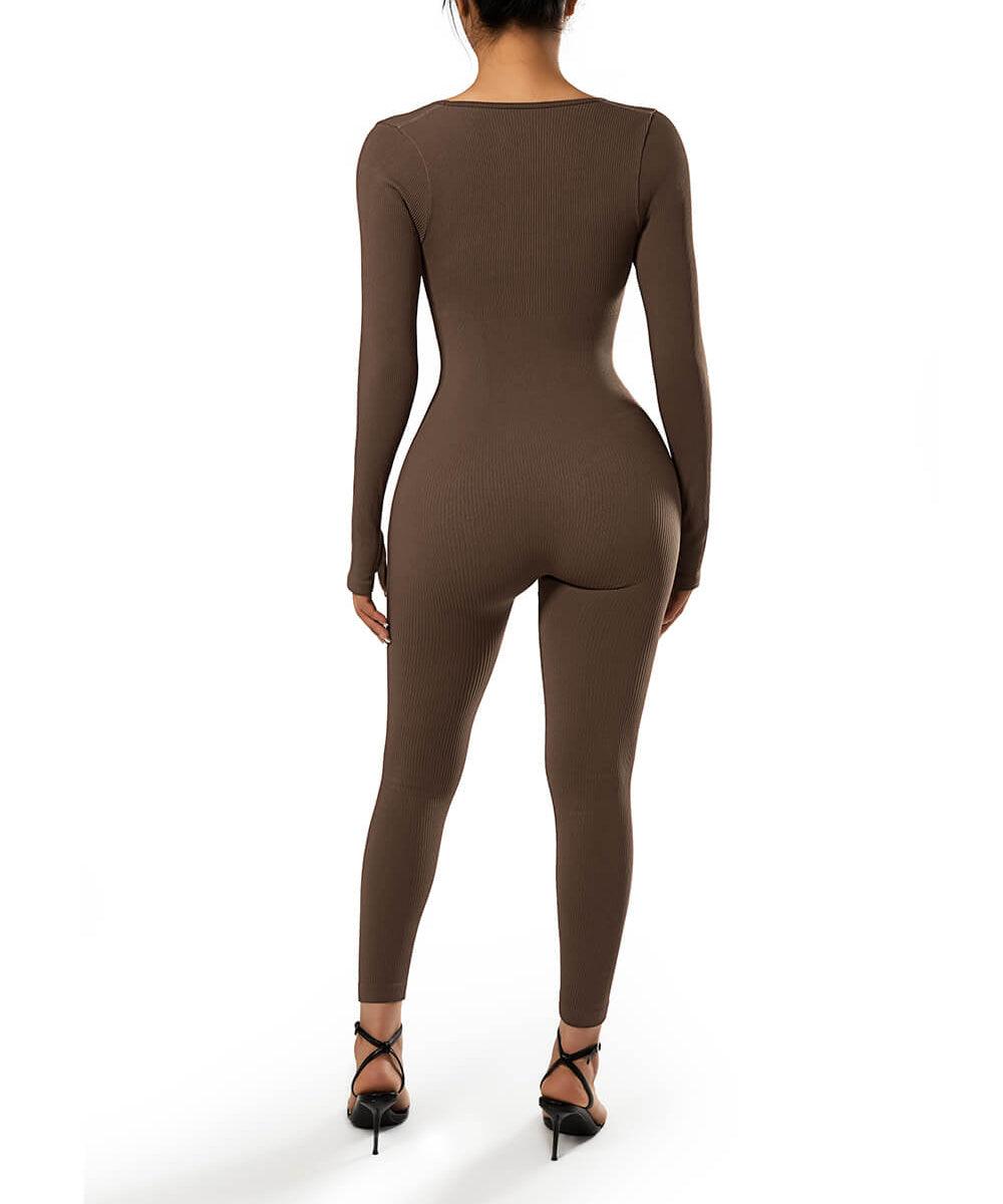 Solid Color Ribbed Long Sleeve Seamless Jumpsuit