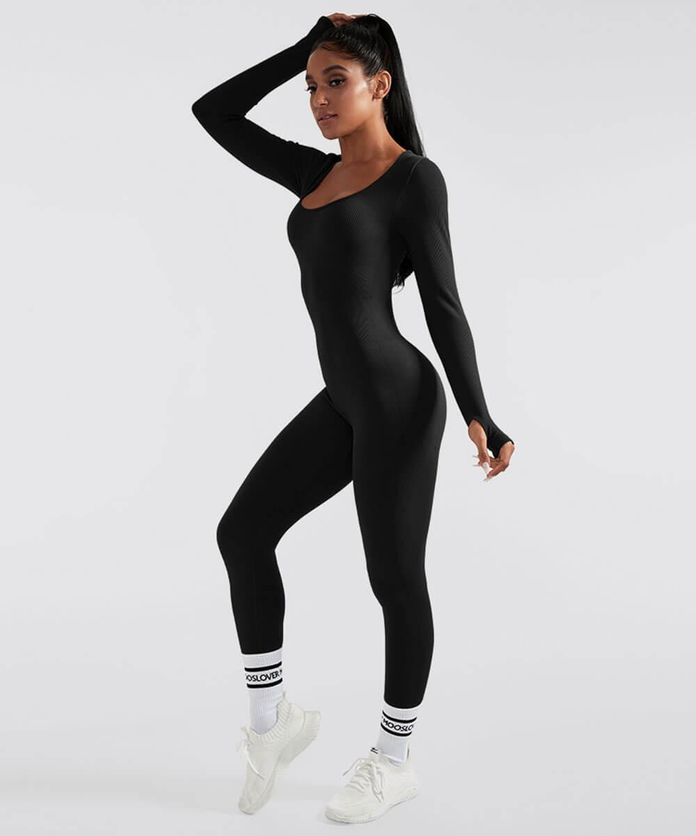 Solid Color Ribbed Long Sleeve Seamless Jumpsuit