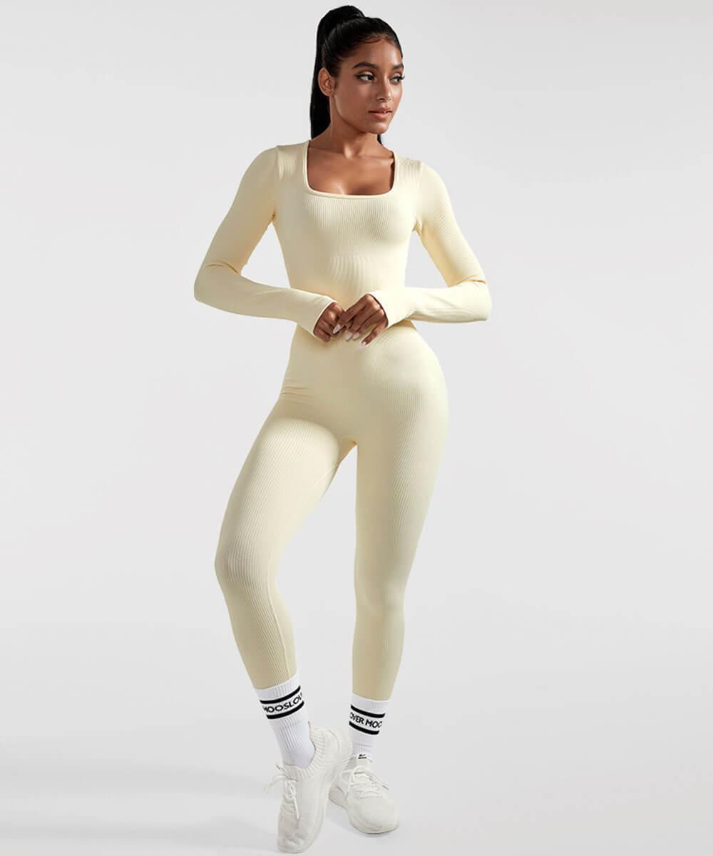 Solid Color Ribbed Long Sleeve Seamless Jumpsuit